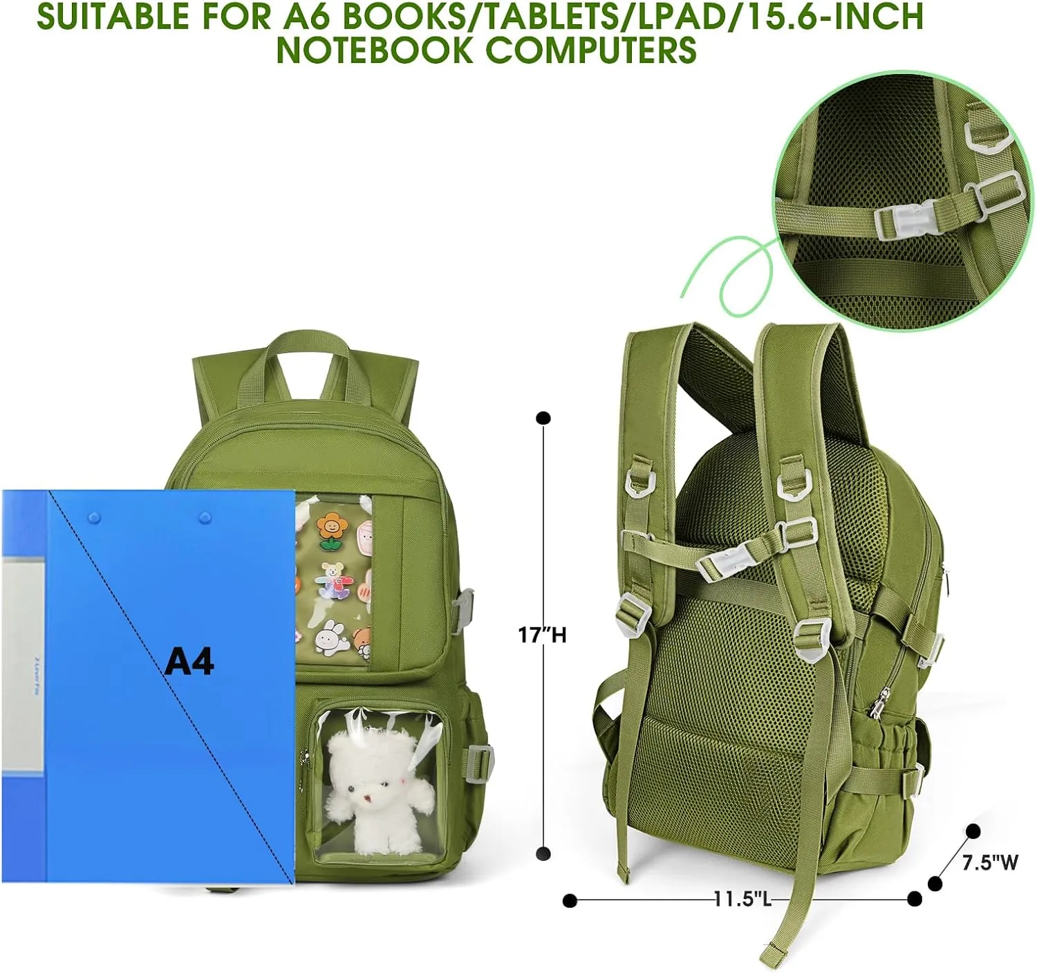 Kawaii Backpack for Girls, Cute Aesthetic Backpack for School, Kawaii Bookbag with Pins Accessories and Pendant
