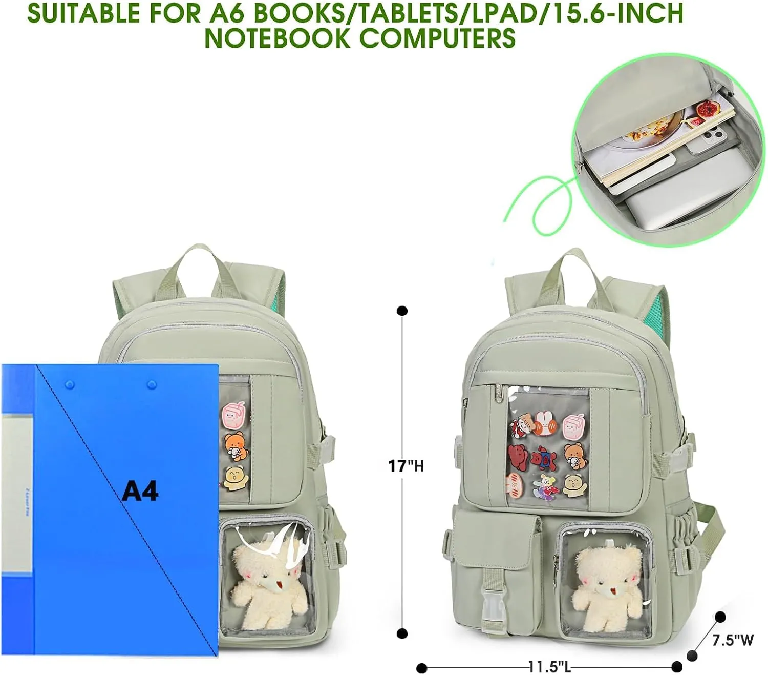 Kawaii Backpack for Girls, Cute Aesthetic Backpack for School, Kawaii Bookbag with Pins Accessories and Pendant，Green
