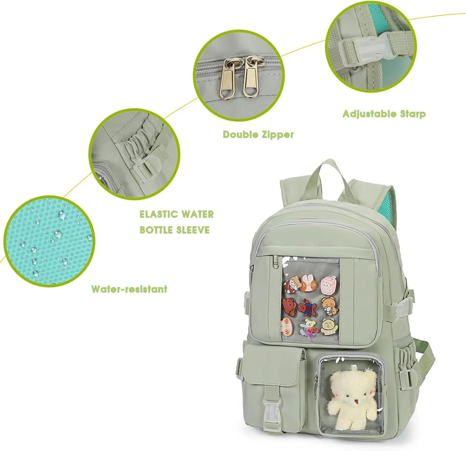 Kawaii Backpack for Girls, Cute Aesthetic Backpack for School, Kawaii Bookbag with Pins Accessories and Pendant，Green