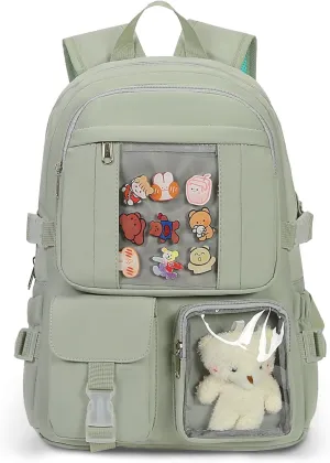 Kawaii Backpack for Girls, Cute Aesthetic Backpack for School, Kawaii Bookbag with Pins Accessories and Pendant，Green