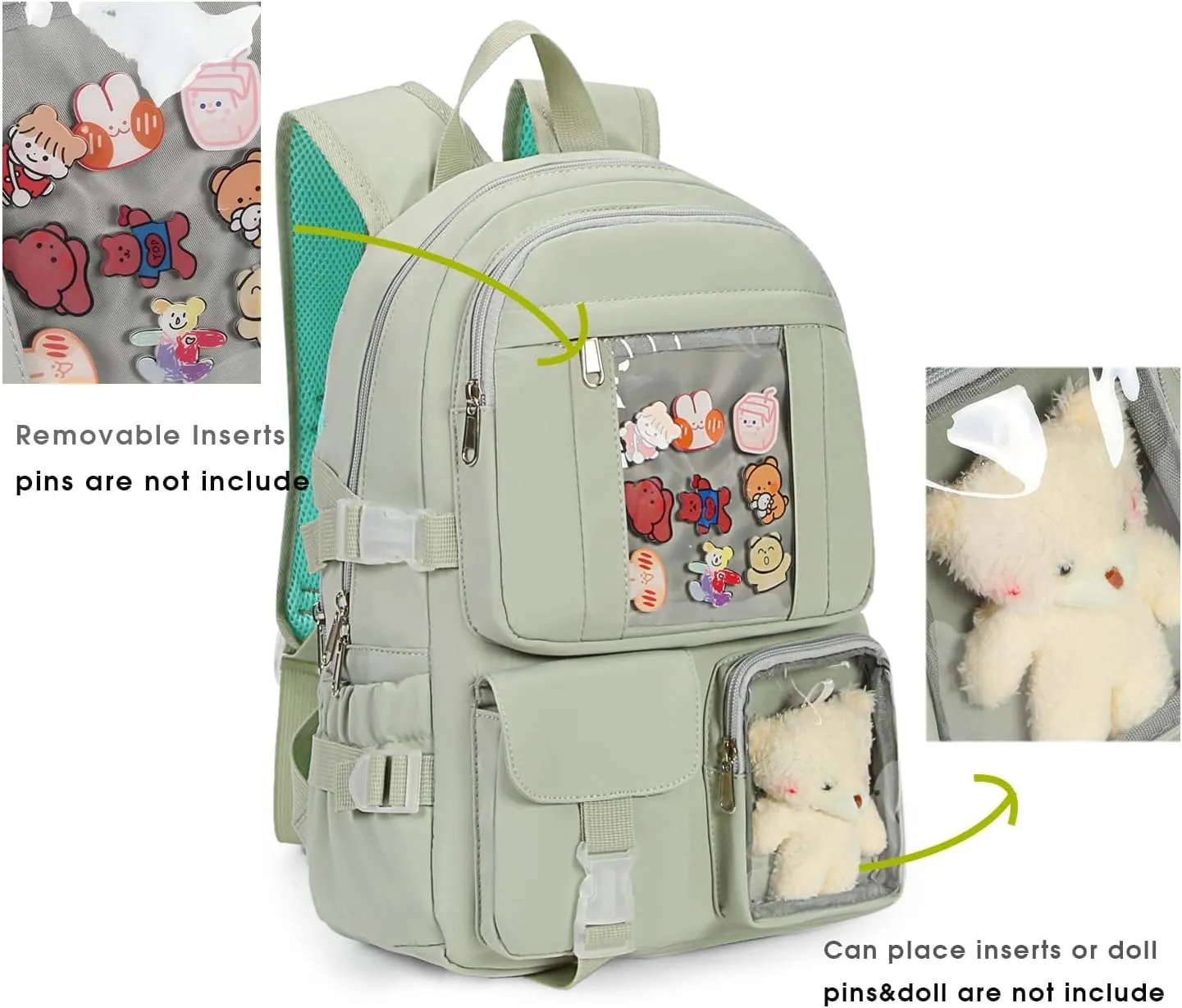 Kawaii Backpack for Girls, Cute Aesthetic Backpack for School, Kawaii Bookbag with Pins Accessories and Pendant，Green