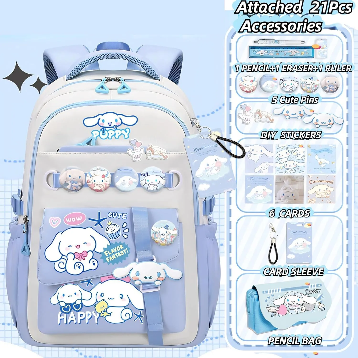 Kawaii Backpack with 21Pcs Accessories Anime Cartoon Anti-Theft Travel Aesthetic New Semester Gifts Bag with Cute Pins…