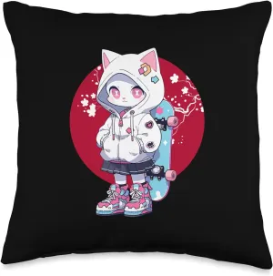 Kawaii Neko Cat Girl Skateboard Japanese Sun Cherry Blossom Throw Pillow, 16x16, Multicolor