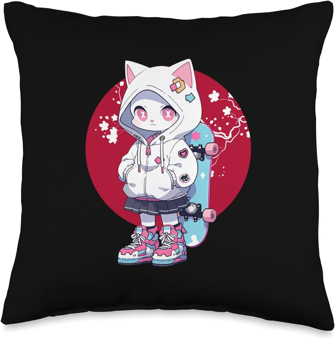Kawaii Neko Cat Girl Skateboard Japanese Sun Cherry Blossom Throw Pillow, 16x16, Multicolor