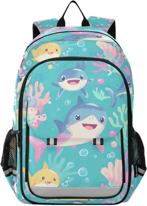 Kawaii Sharks Fish Ocean Backpack for Boys Girls Elementary School Bag Kids Bookbag Travel Rucksack With Reflective Stripes