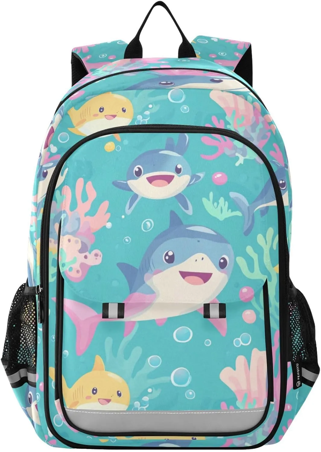 Kawaii Sharks Fish Ocean Backpack for Boys Girls Elementary School Bag Kids Bookbag Travel Rucksack With Reflective Stripes