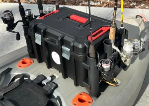 Kayak Fishing Crate - 6 Integrated Rod Pole Holders, Tackle Box Accessory Storage Area and Tray with Lockable Lid - No Assembly Required!
