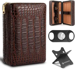 KEENSUN Cigar Case- 4-Finger Black Brown Crocodile Pattern PU Leather Travel Cedar Wood Cigar Humidor with humidifier,Cigar Cutter and Cigar Holder Great Gift for Men
