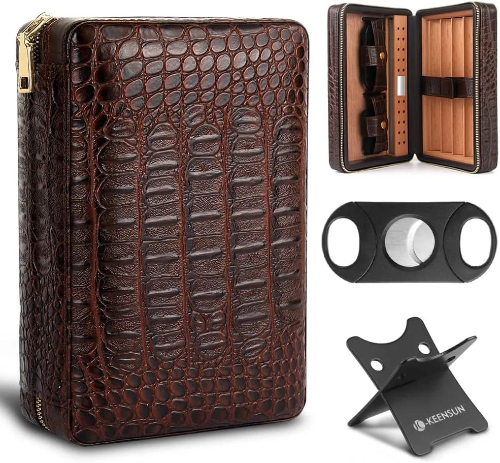 KEENSUN Cigar Case- 4-Finger Black Brown Crocodile Pattern PU Leather Travel Cedar Wood Cigar Humidor with humidifier,Cigar Cutter and Cigar Holder Great Gift for Men