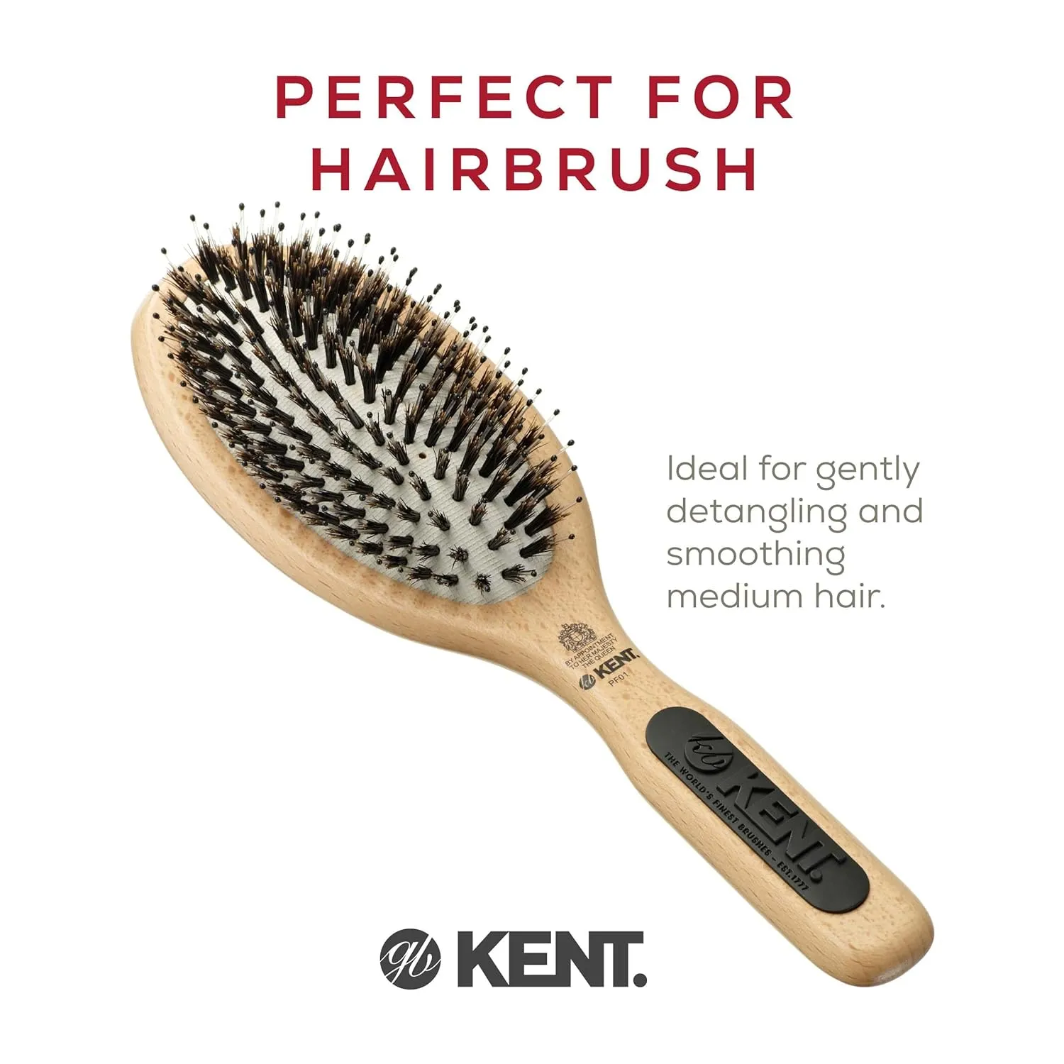 Kent PF01 Large Cushion Detangler Brush, Boar Bristle and Non-Scratch Nylon Mix Hairbrush for Straightening Smoothing. Oval Wood Paddle Detangling Hair Brush for Medium to Long Hair, Made in England
