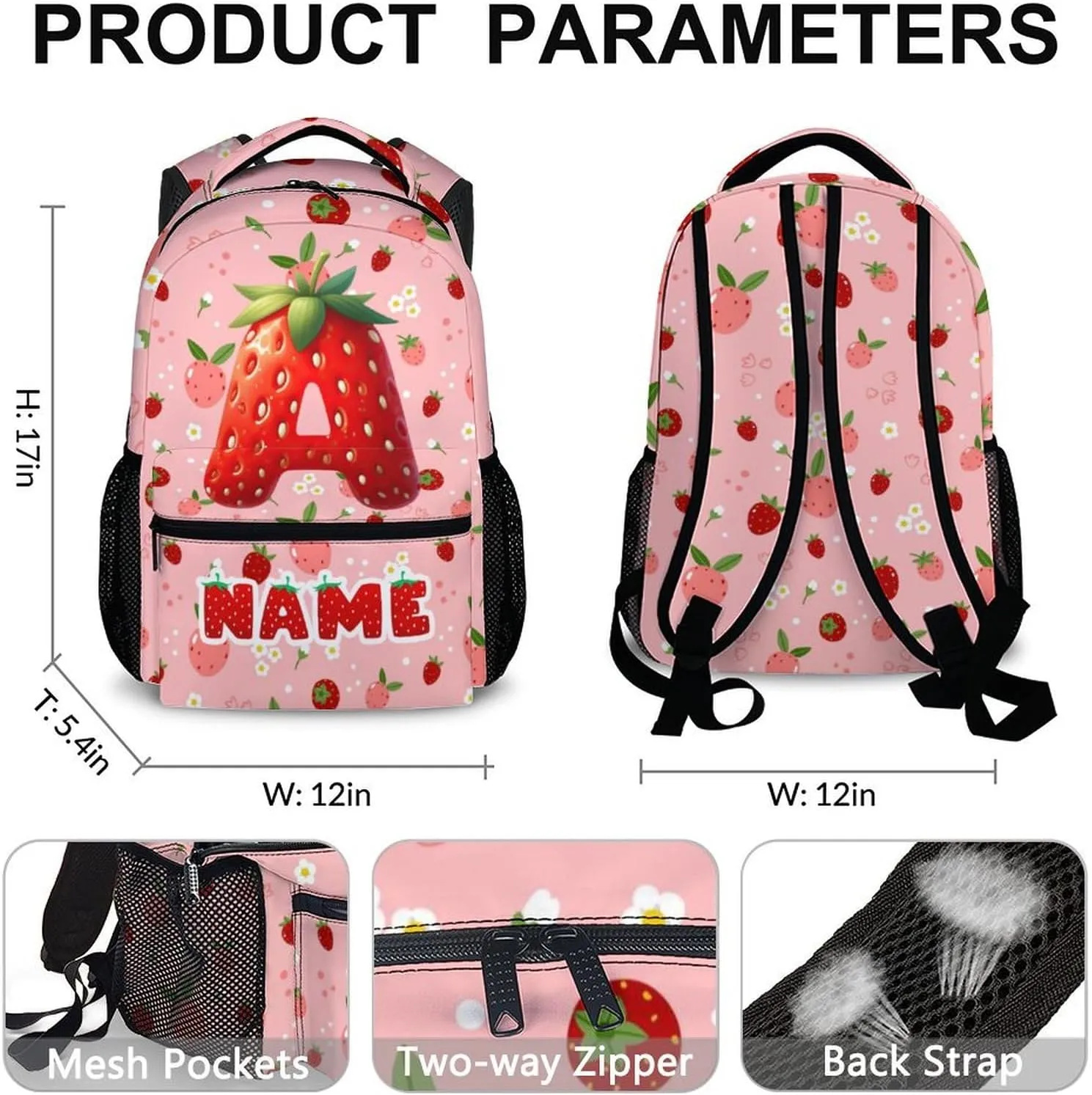 Kids Backpacks, Custom Cute Strawberry Initial Backpack for Children, Personalized Gift for Birthday, Casual Girls Bookbag for Preschool Elementary Kindergarten Vacation Travel