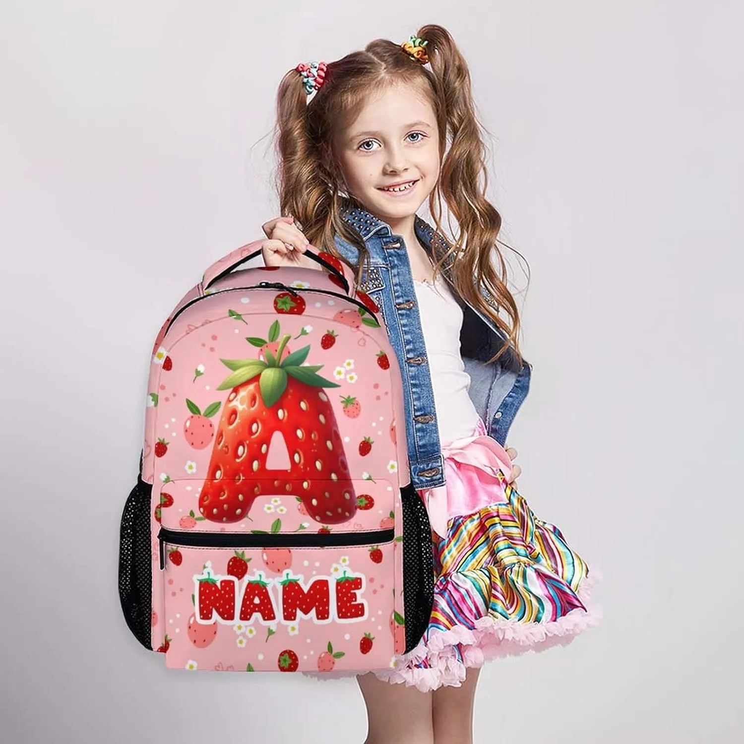 Kids Backpacks, Custom Cute Strawberry Initial Backpack for Children, Personalized Gift for Birthday, Casual Girls Bookbag for Preschool Elementary Kindergarten Vacation Travel