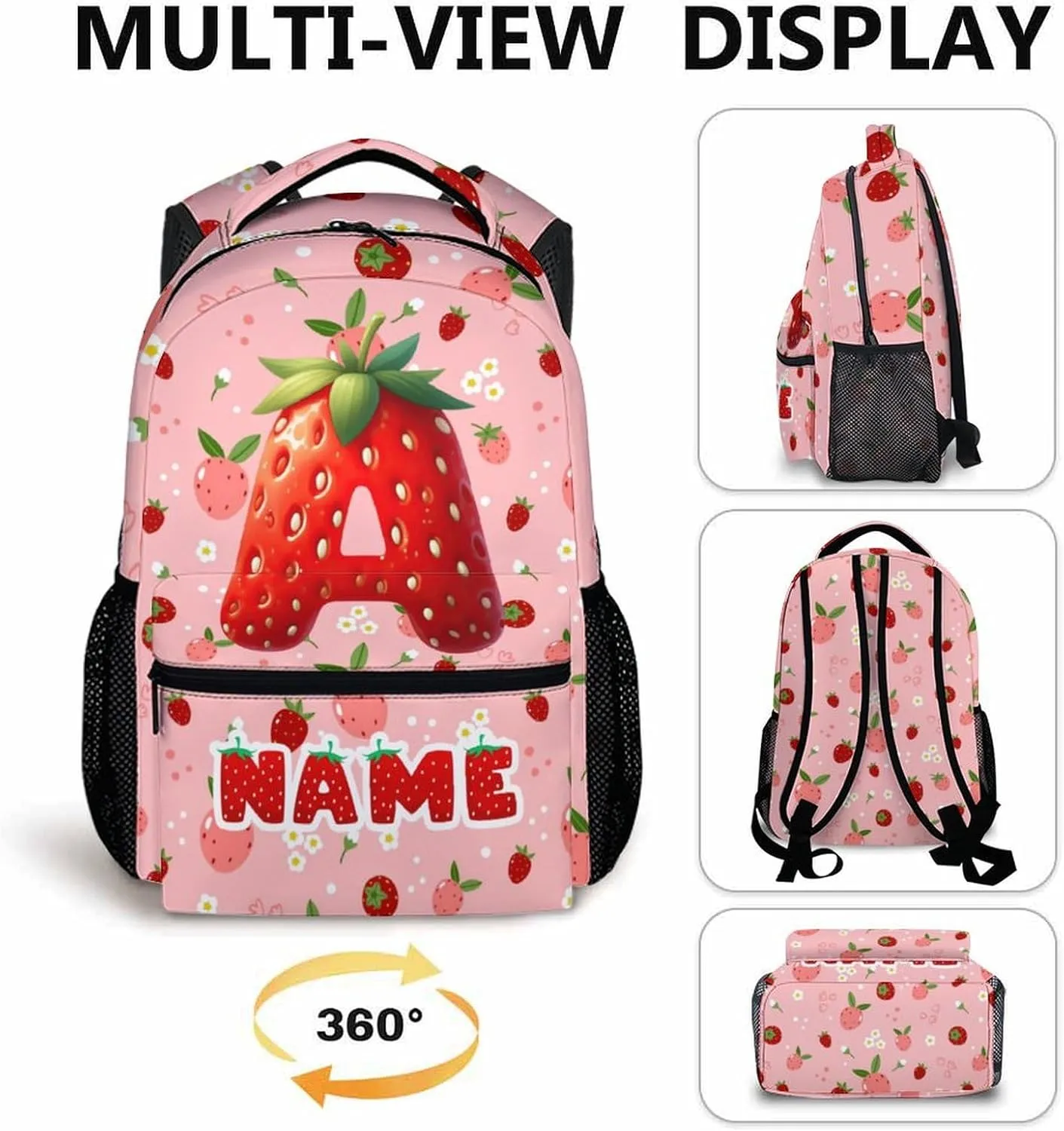 Kids Backpacks, Custom Cute Strawberry Initial Backpack for Children, Personalized Gift for Birthday, Casual Girls Bookbag for Preschool Elementary Kindergarten Vacation Travel