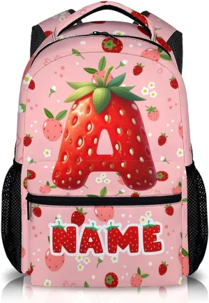 Kids Backpacks, Custom Cute Strawberry Initial Backpack for Children, Personalized Gift for Birthday, Casual Girls Bookbag for Preschool Elementary Kindergarten Vacation Travel