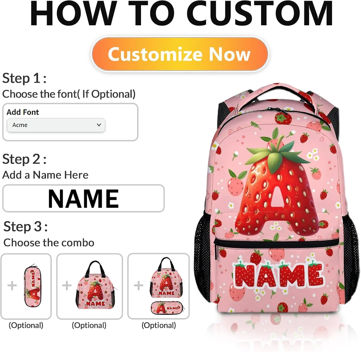 Kids Backpacks, Custom Cute Strawberry Initial Backpack for Children, Personalized Gift for Birthday, Casual Girls Bookbag for Preschool Elementary Kindergarten Vacation Travel