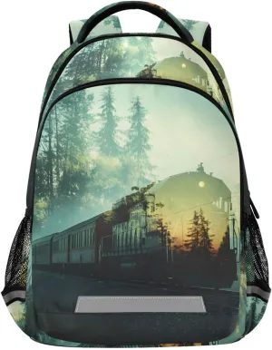 Kids Backpacks-Train Double Exposure, Large Capacity Student Book Bag for Boys Girls with Chest Buckle 11.6×7×16.7 Inch