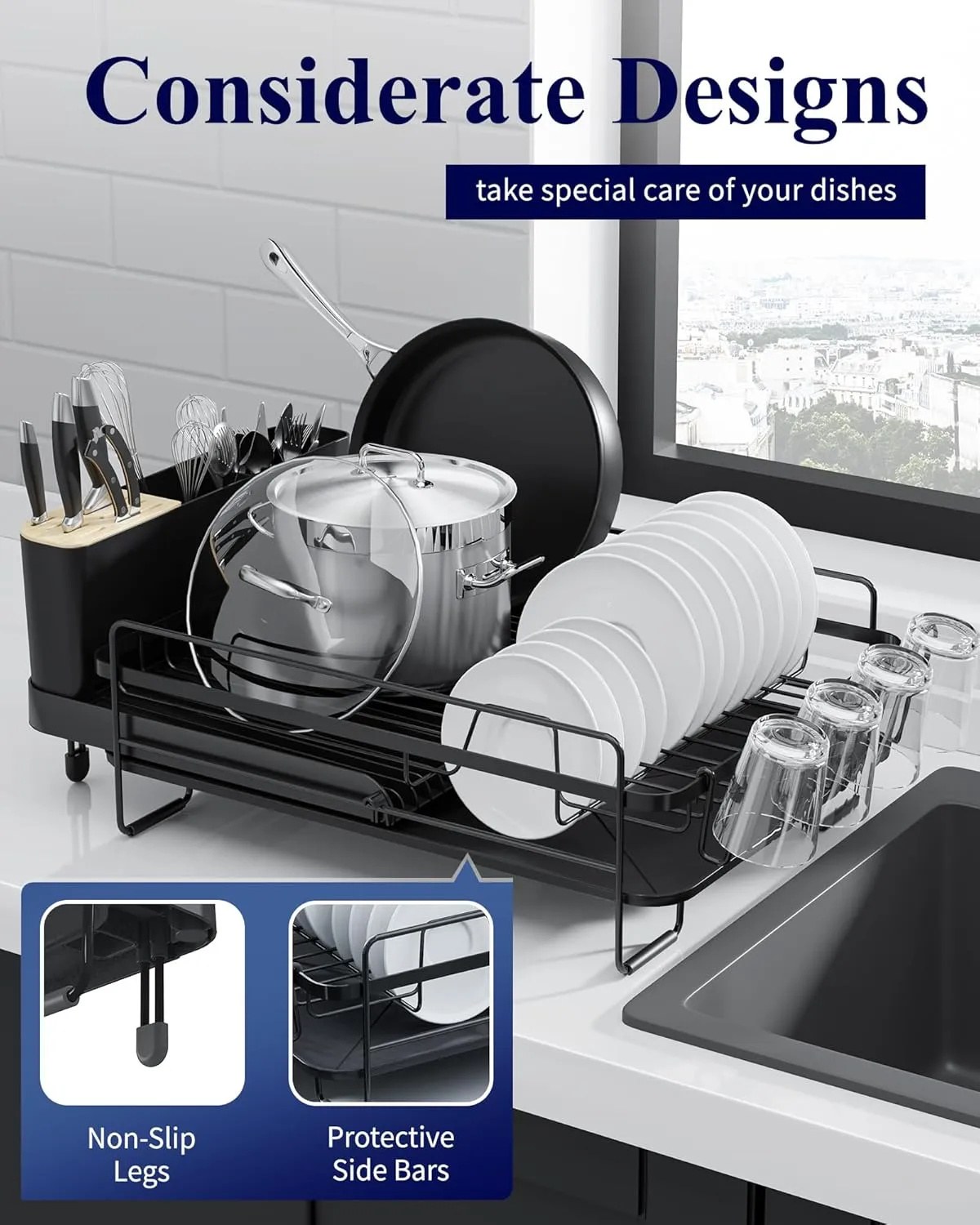 Kitsure Large Dish Drying Rack - Extendable Dish Rack, Multifunctional Dish Rack for Kitchen Counter, Anti-Rust Dish Drainers with Cutlery & Cup Holders 19.2"-26.7" L x 12.9" W, Black