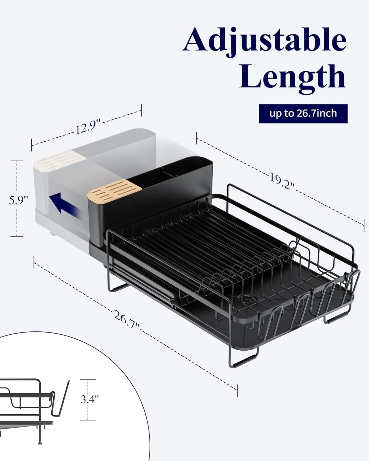 Kitsure Large Dish Drying Rack - Extendable Dish Rack, Multifunctional Dish Rack for Kitchen Counter, Anti-Rust Dish Drainers with Cutlery & Cup Holders 19.2"-26.7" L x 12.9" W, Black