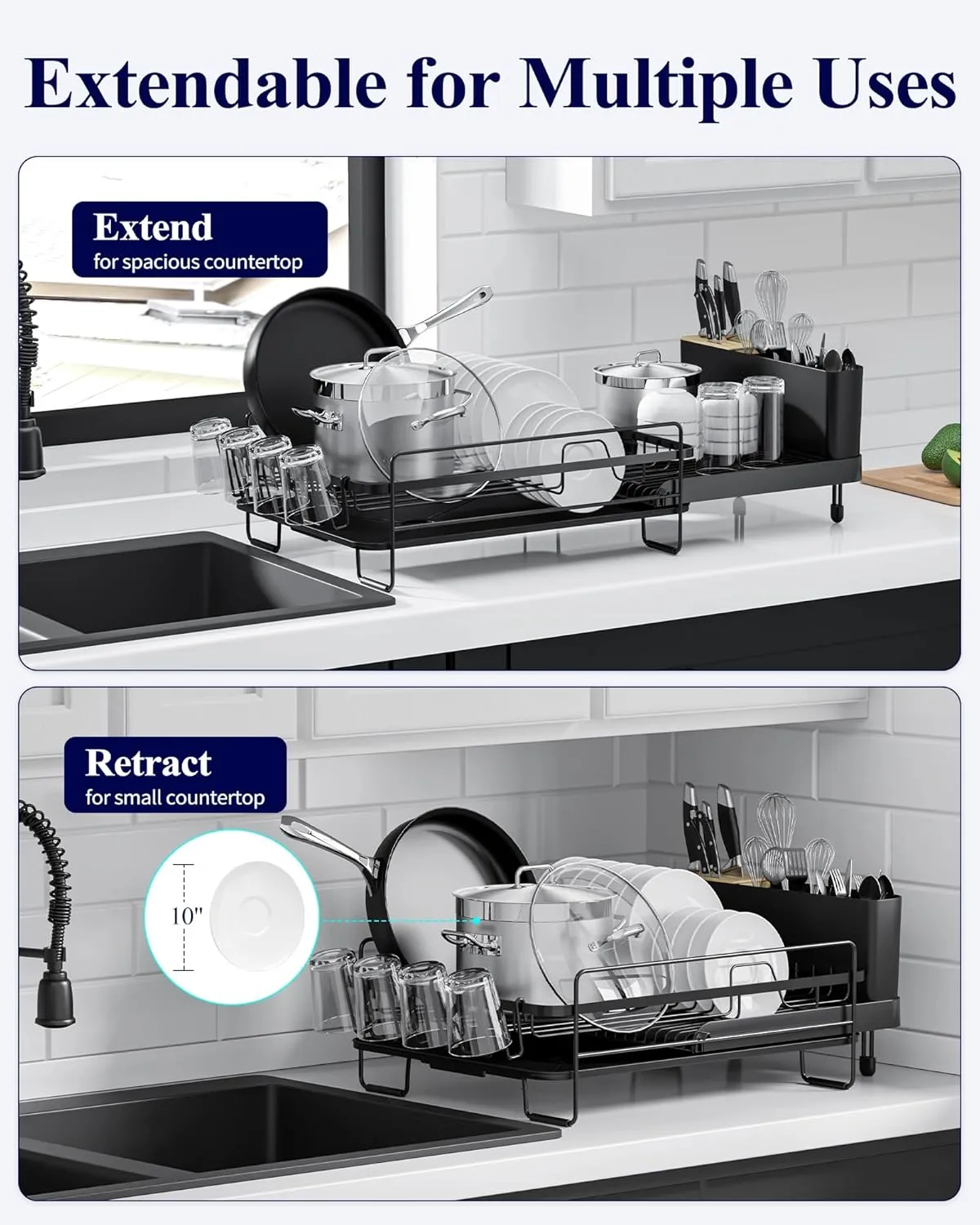 Kitsure Large Dish Drying Rack - Extendable Dish Rack, Multifunctional Dish Rack for Kitchen Counter, Anti-Rust Dish Drainers with Cutlery & Cup Holders 19.2"-26.7" L x 12.9" W, Black