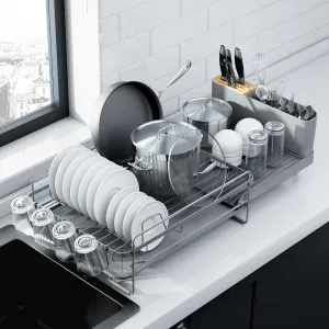 Kitsure Large Dish Drying Rack - Extendable Dish Rack, Multifunctional Dish Rack for Kitchen Counter, Anti-Rust Dish Drainers with Cutlery & Cup Holders 19.2"-26.7" L x 12.9" W, Grey