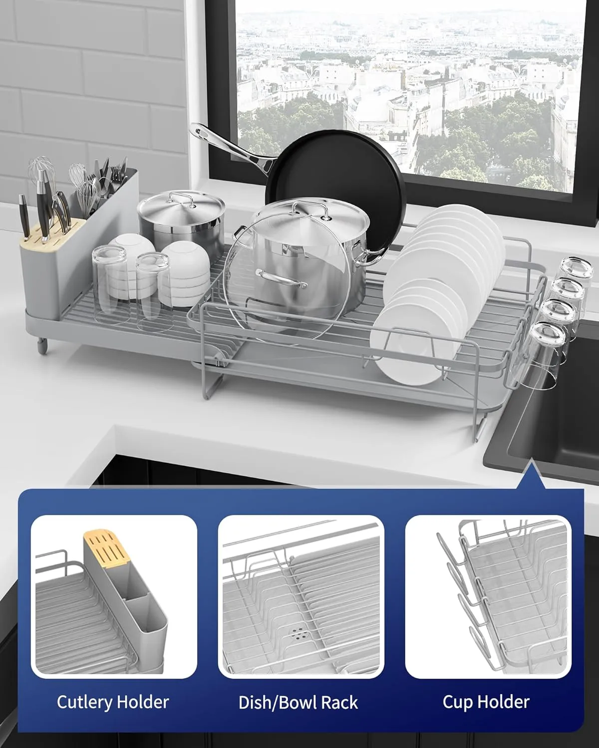 Kitsure Large Dish Drying Rack - Extendable Dish Rack, Multifunctional Dish Rack for Kitchen Counter, Anti-Rust Dish Drainers with Cutlery & Cup Holders 19.2"-26.7" L x 12.9" W, Grey