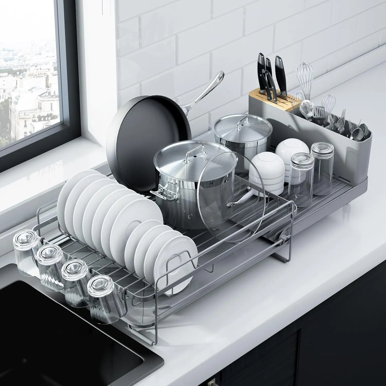 Kitsure Large Dish Drying Rack - Extendable Dish Rack, Multifunctional Dish Rack for Kitchen Counter, Anti-Rust Dish Drainers with Cutlery & Cup Holders 19.2"-26.7" L x 12.9" W, Grey
