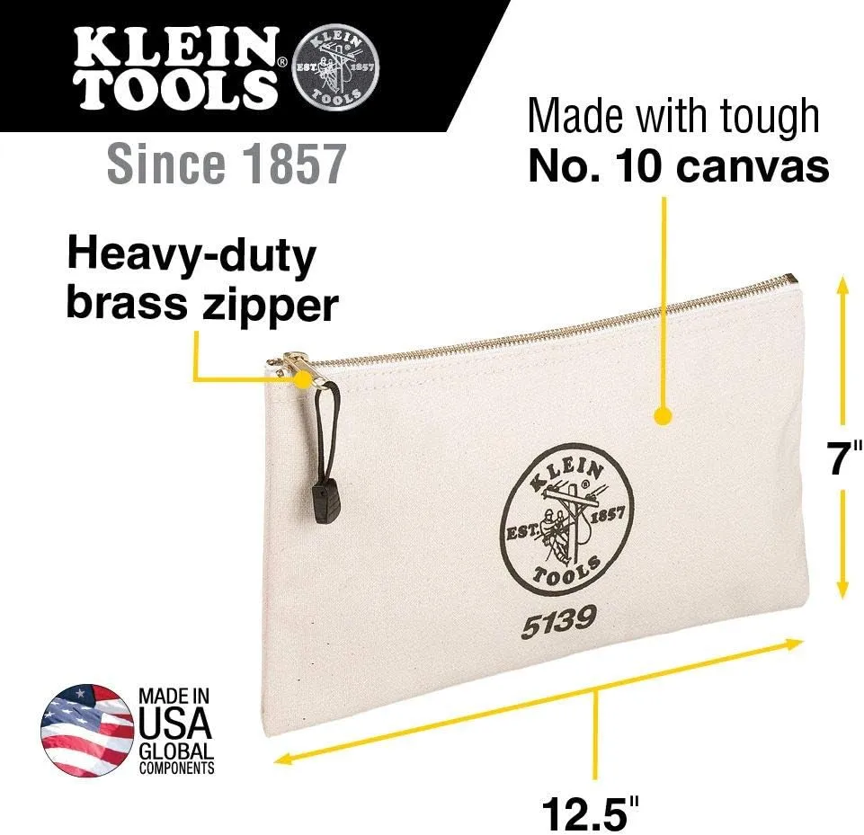 Klein Tools 510218SPBLK Tool Bag, Large 18-Inch Deluxe Canvas Tool Bag and Organizer, Black & 5139 Zipper Bag, Canvas Tool Pouch 12.5 x 7 x 4.25-Inch with Heavy Duty Brass Zipper Close, Natural