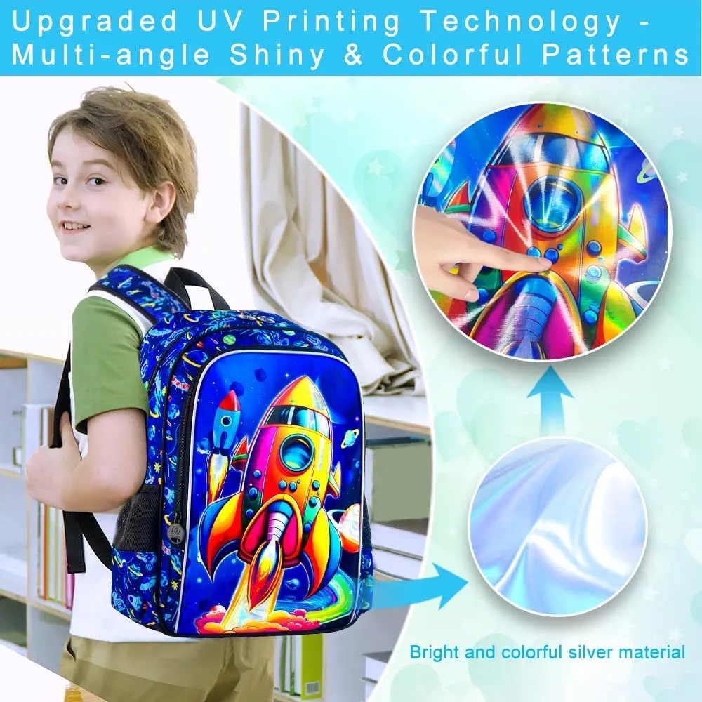 KLFVB 3PCS Dinosaur Backpack for Boys, 16" Kids Bookbag and Lunch Box, Preschool Backpacks for Elementary Students