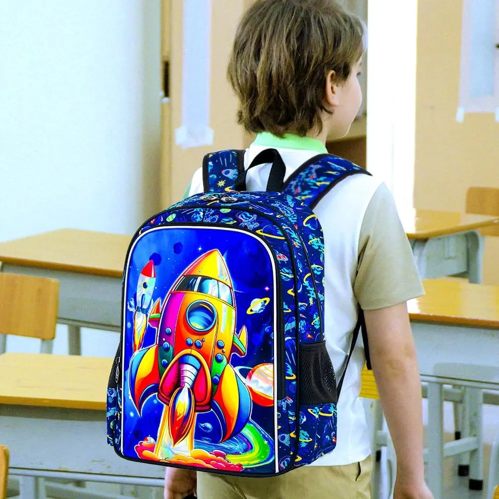 KLFVB 3PCS Dinosaur Backpack for Boys, 16" Kids Bookbag and Lunch Box, Preschool Backpacks for Elementary Students