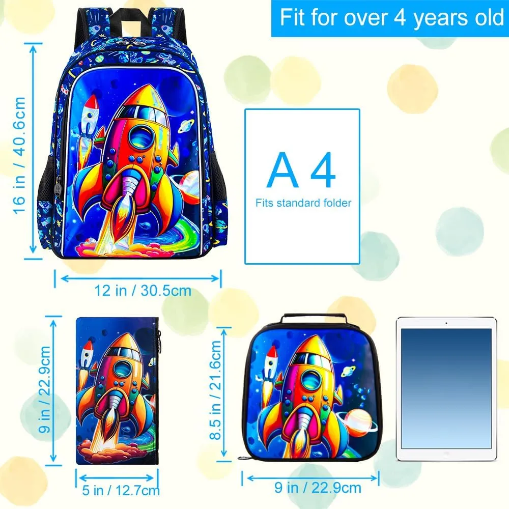 KLFVB 3PCS Dinosaur Backpack for Boys, 16" Kids Bookbag and Lunch Box, Preschool Backpacks for Elementary Students