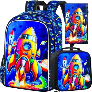 KLFVB 3PCS Dinosaur Backpack for Boys, 16" Kids Bookbag and Lunch Box, Preschool Backpacks for Elementary Students