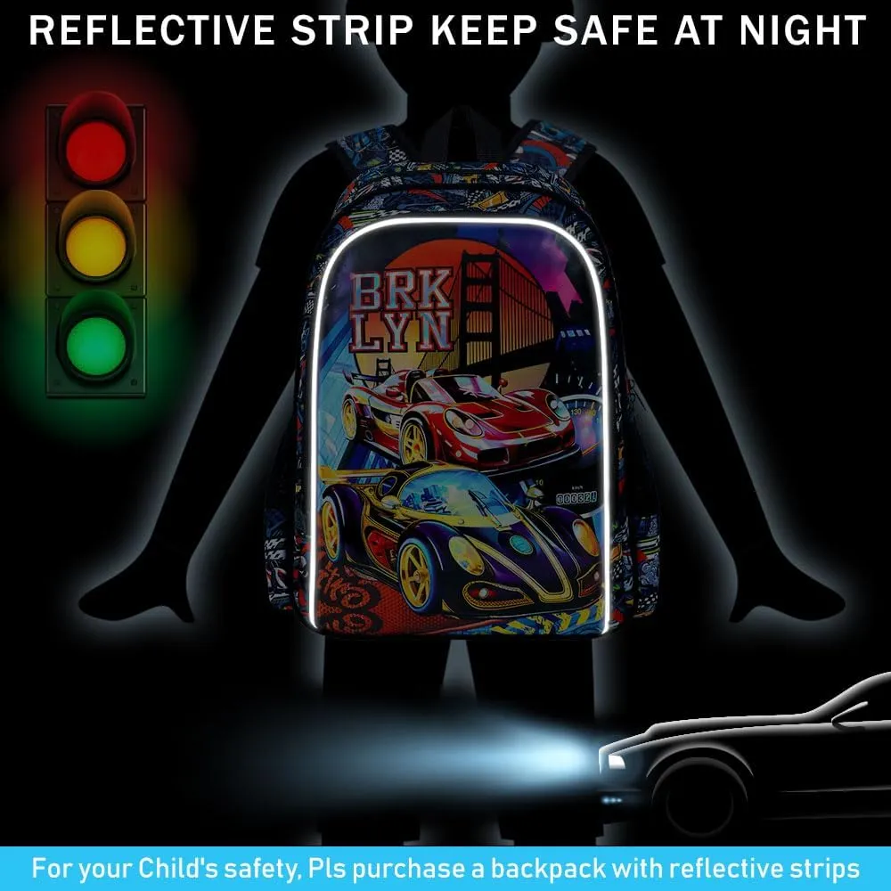 KLFVB 3PCS Racing Car Backpack for Boys, Water Resistant Kids Bookbag with Lunch Box, 16" Preschool Backpacks for Elementary - Racing Red