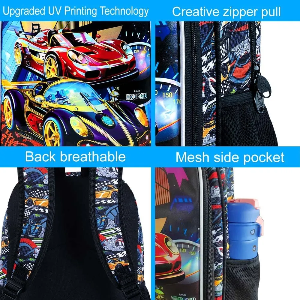 KLFVB 3PCS Racing Car Backpack for Boys, Water Resistant Kids Bookbag with Lunch Box, 16" Preschool Backpacks for Elementary - Racing Red
