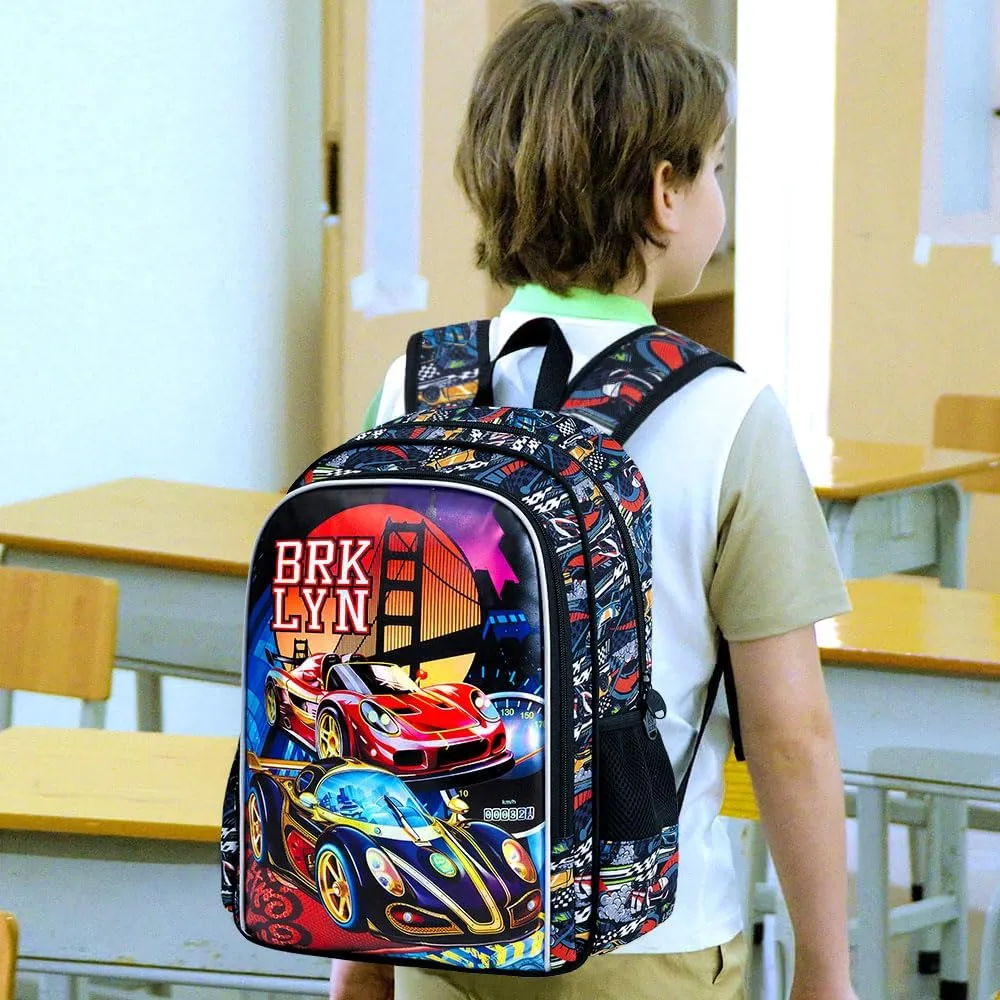 KLFVB 3PCS Racing Car Backpack for Boys, Water Resistant Kids Bookbag with Lunch Box, 16" Preschool Backpacks for Elementary - Racing Red