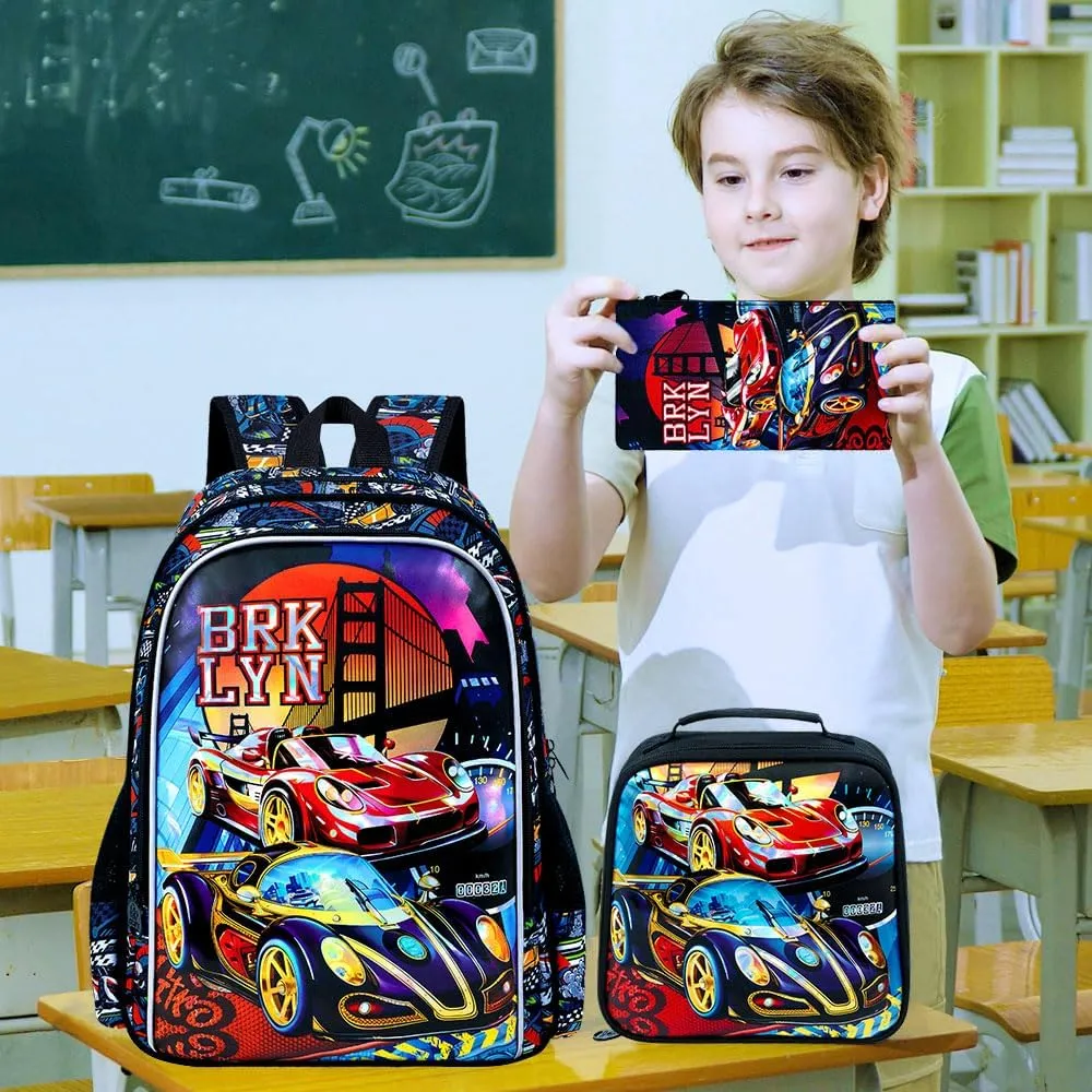 KLFVB 3PCS Racing Car Backpack for Boys, Water Resistant Kids Bookbag with Lunch Box, 16" Preschool Backpacks for Elementary - Racing Red