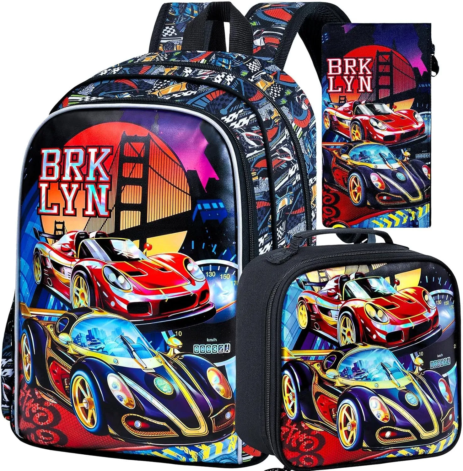 KLFVB 3PCS Racing Car Backpack for Boys, Water Resistant Kids Bookbag with Lunch Box, 16" Preschool Backpacks for Elementary - Racing Red