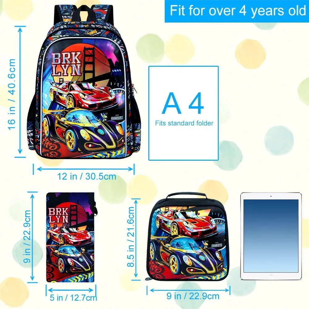 KLFVB 3PCS Racing Car Backpack for Boys, Water Resistant Kids Bookbag with Lunch Box, 16" Preschool Backpacks for Elementary - Racing Red