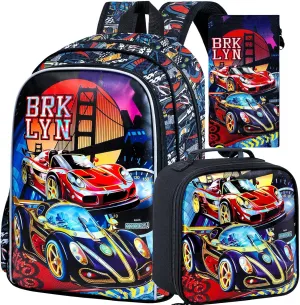 KLFVB 3PCS Racing Car Backpack for Boys, Water Resistant Kids Bookbag with Lunch Box, 16" Preschool Backpacks for Elementary - Racing Red