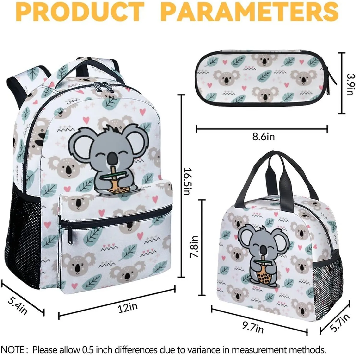 Koala Backpack with Lunch Box, Set of 3 School Backpacks Matching Combo for Girls Boys, Cute White Bookbag and Pencil Case Bundle