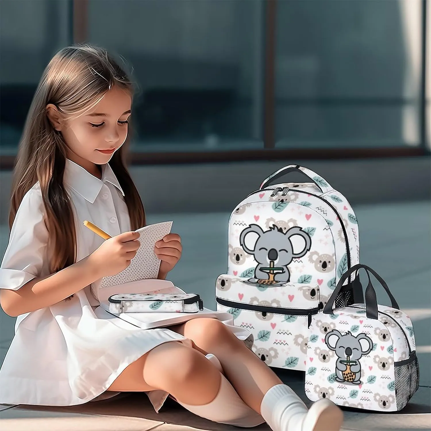 Koala Backpack with Lunch Box, Set of 3 School Backpacks Matching Combo for Girls Boys, Cute White Bookbag and Pencil Case Bundle