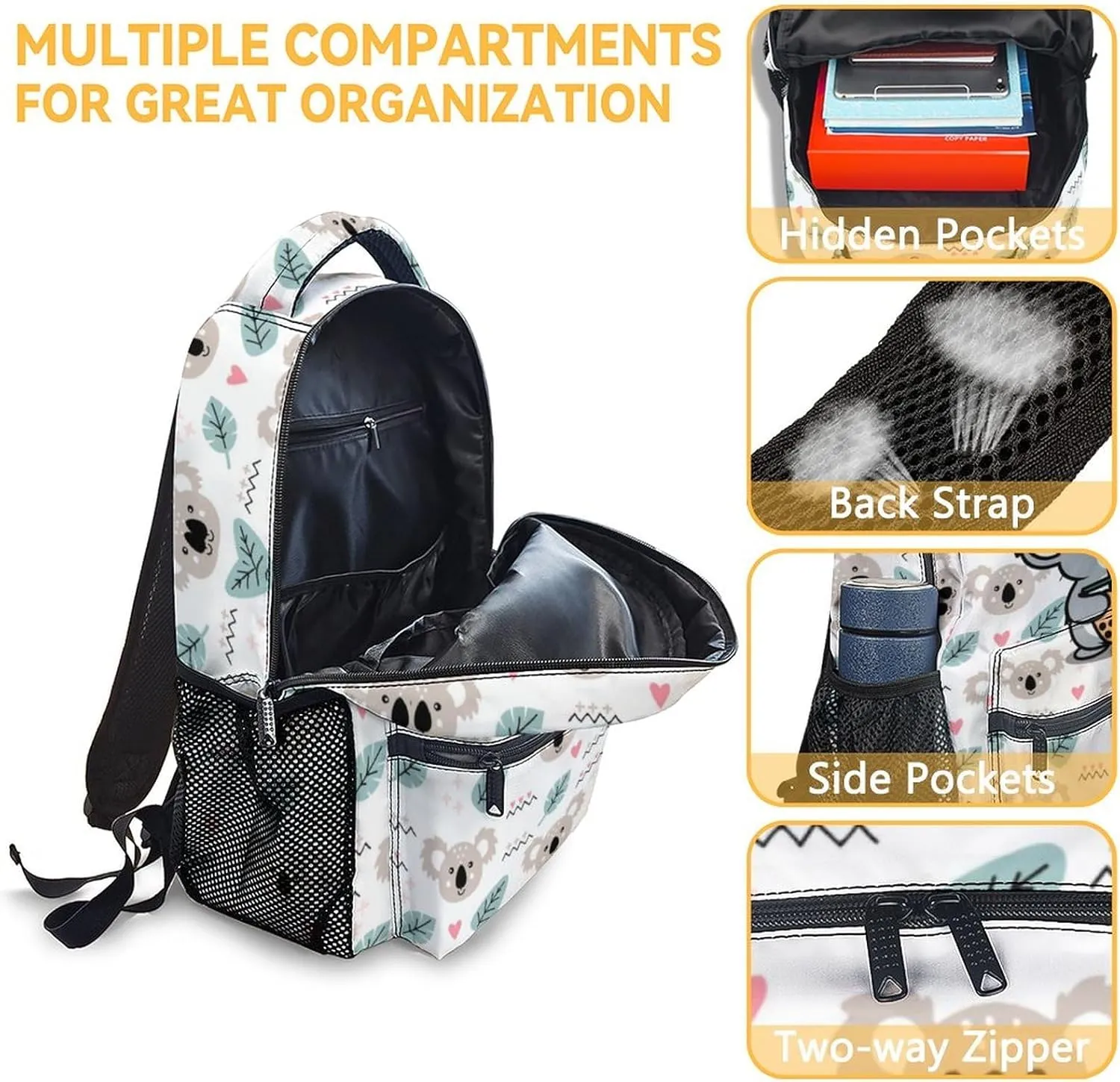 Koala Backpack with Lunch Box, Set of 3 School Backpacks Matching Combo for Girls Boys, Cute White Bookbag and Pencil Case Bundle