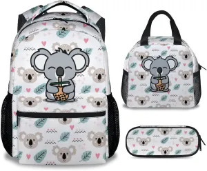 Koala Backpack with Lunch Box, Set of 3 School Backpacks Matching Combo for Girls Boys, Cute White Bookbag and Pencil Case Bundle