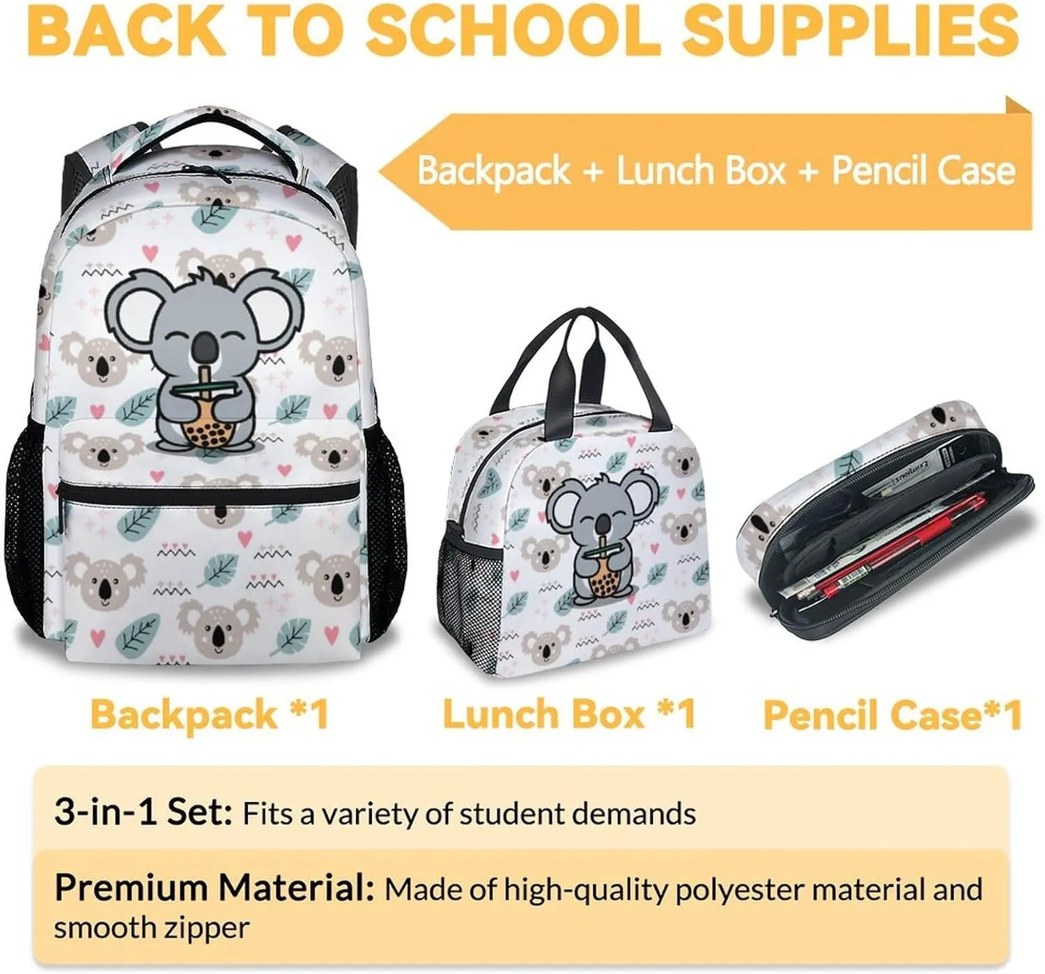 Koala Backpack with Lunch Box, Set of 3 School Backpacks Matching Combo for Girls Boys, Cute White Bookbag and Pencil Case Bundle