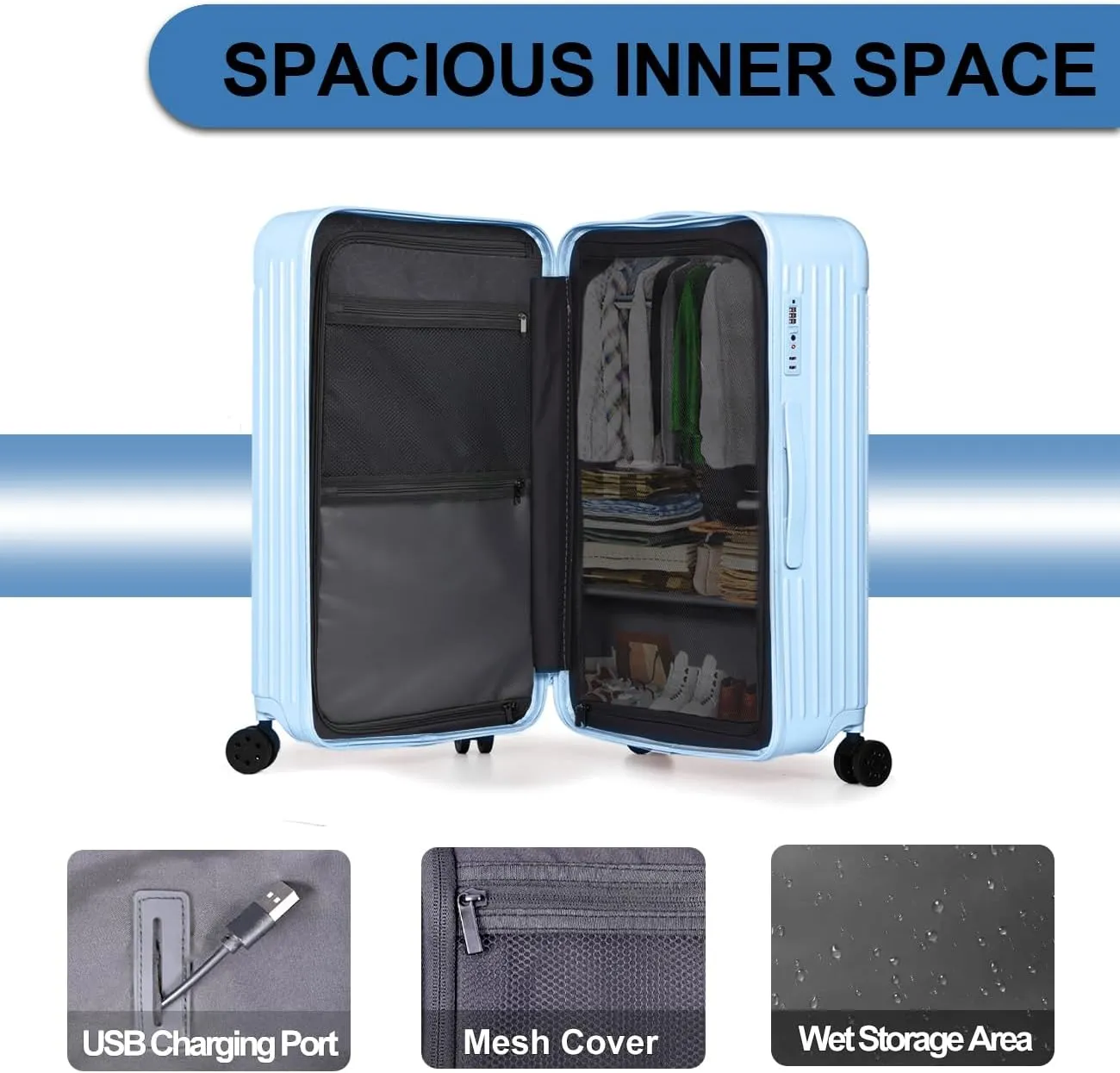 Krute Carry on Luggage 20 Inch USB Suitcases with Spinner Double Wheels Cup Holder PC ABS Hardside Luggage with TSA Lock (LightBlue)