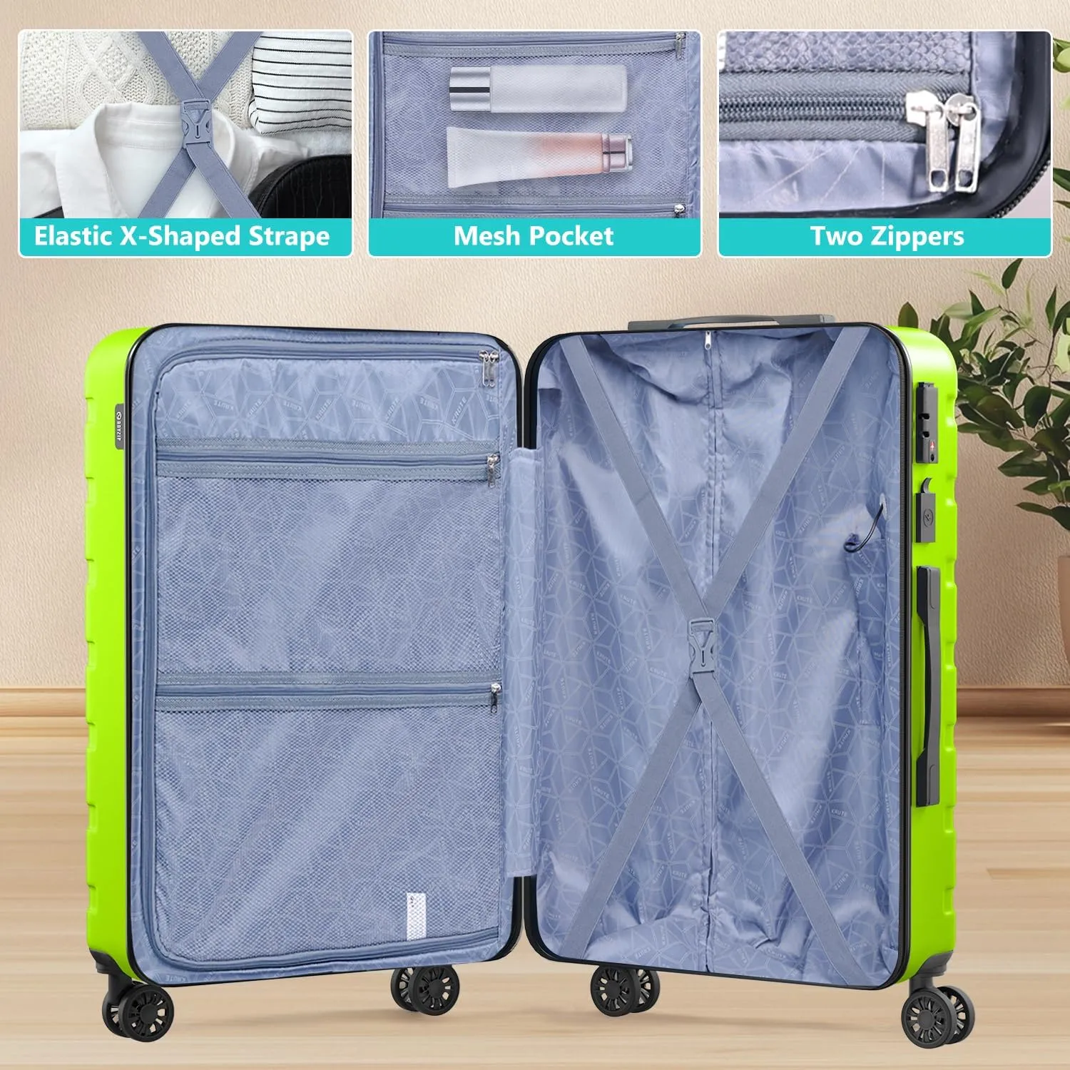 Krute Luggage Suitcase with Spinner Wheels 24-Inch Hardside Checked Luggage with USB Charging Port & TSA Lock Lightweight PC ABS AppleGreen