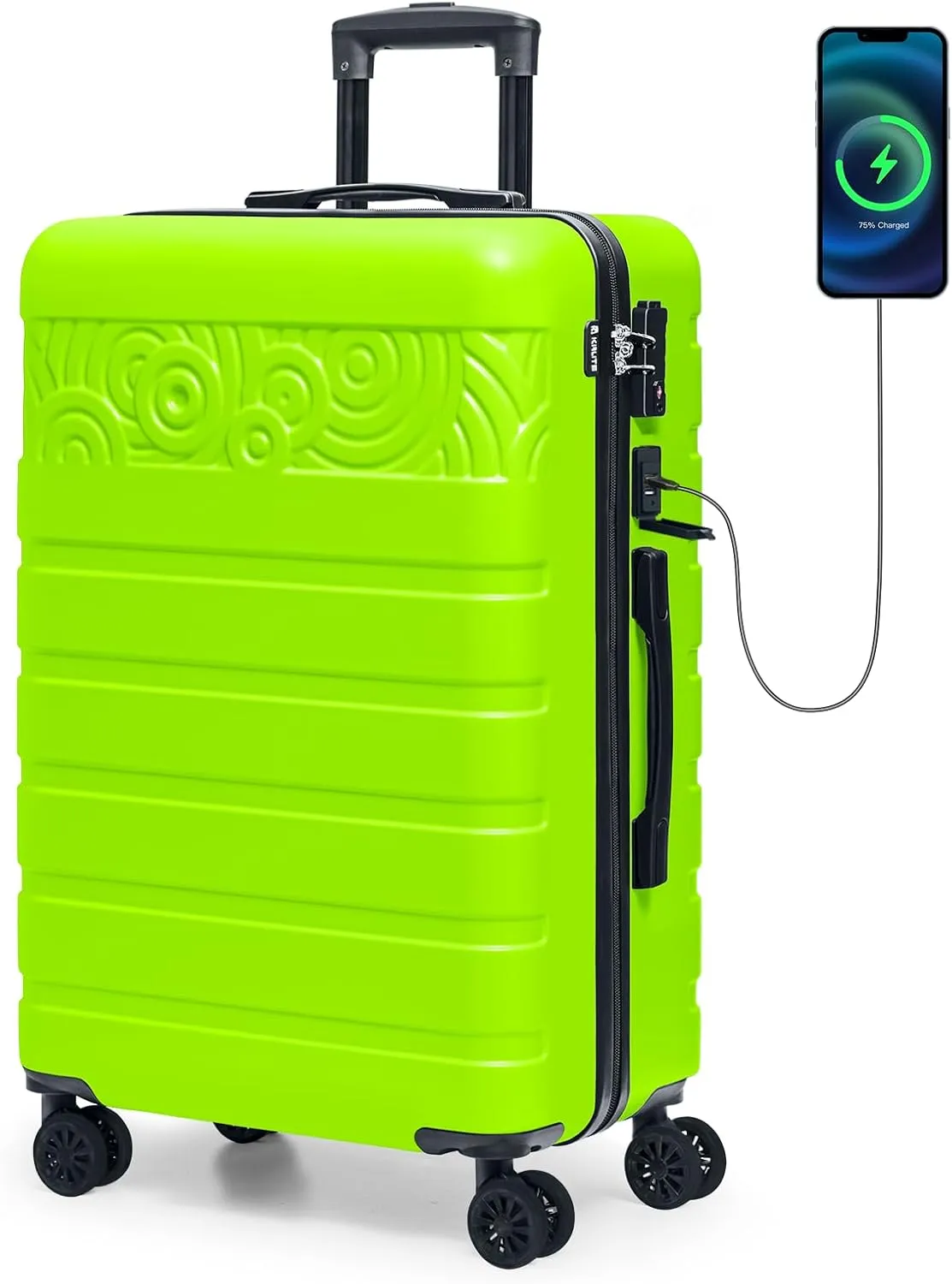 Krute Luggage Suitcase with Spinner Wheels 24-Inch Hardside Checked Luggage with USB Charging Port & TSA Lock Lightweight PC ABS AppleGreen