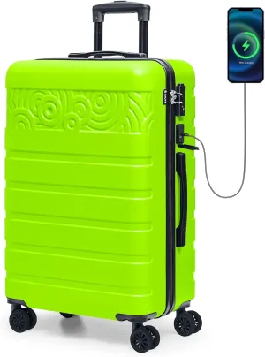 Krute Luggage Suitcase with Spinner Wheels 24-Inch Hardside Checked Luggage with USB Charging Port & TSA Lock Lightweight PC ABS AppleGreen