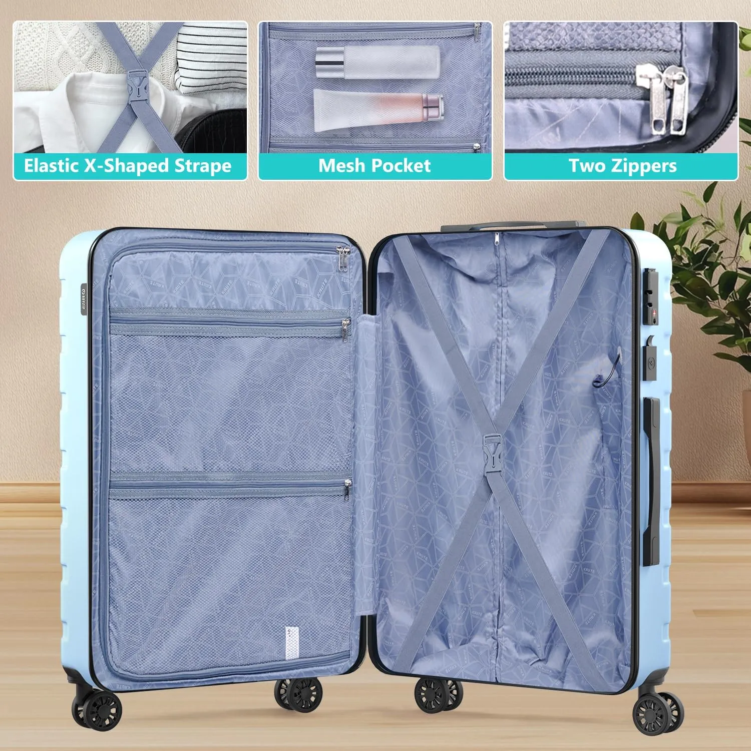 Krute Luggage Suitcase with Spinner Wheels 24-Inch Hardside Checked Luggage with USB Charging Port & TSA Lock Lightweight PC ABS LightBlue