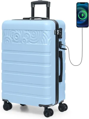 Krute Luggage Suitcase with Spinner Wheels 24-Inch Hardside Checked Luggage with USB Charging Port & TSA Lock Lightweight PC ABS LightBlue