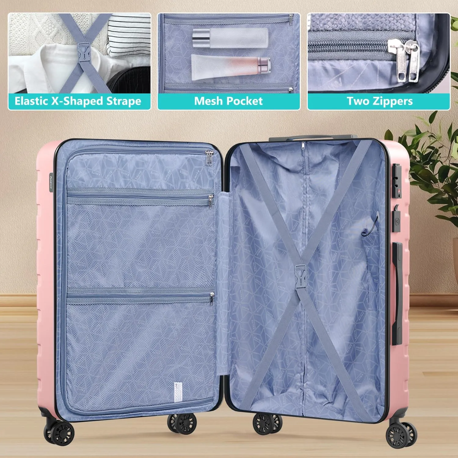 Krute Luggage Suitcase with Spinner Wheels 24-Inch Hardside Checked Luggage with USB Charging Port & TSA Lock Lightweight PC ABS Pink